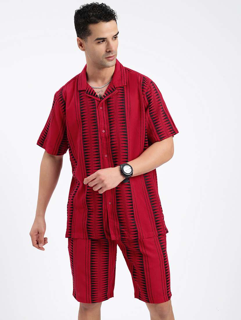 men geometrical cuban collar short sleeves co-ord set