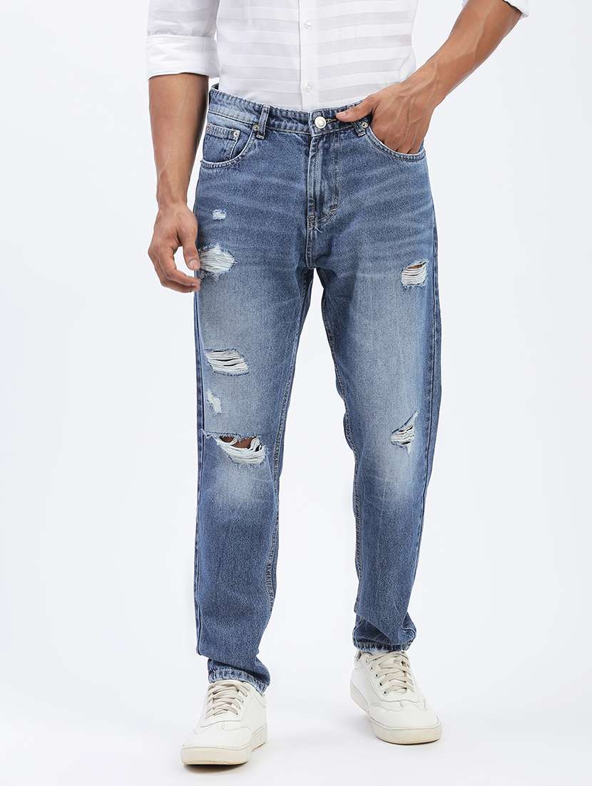 men blue denim distress jeans