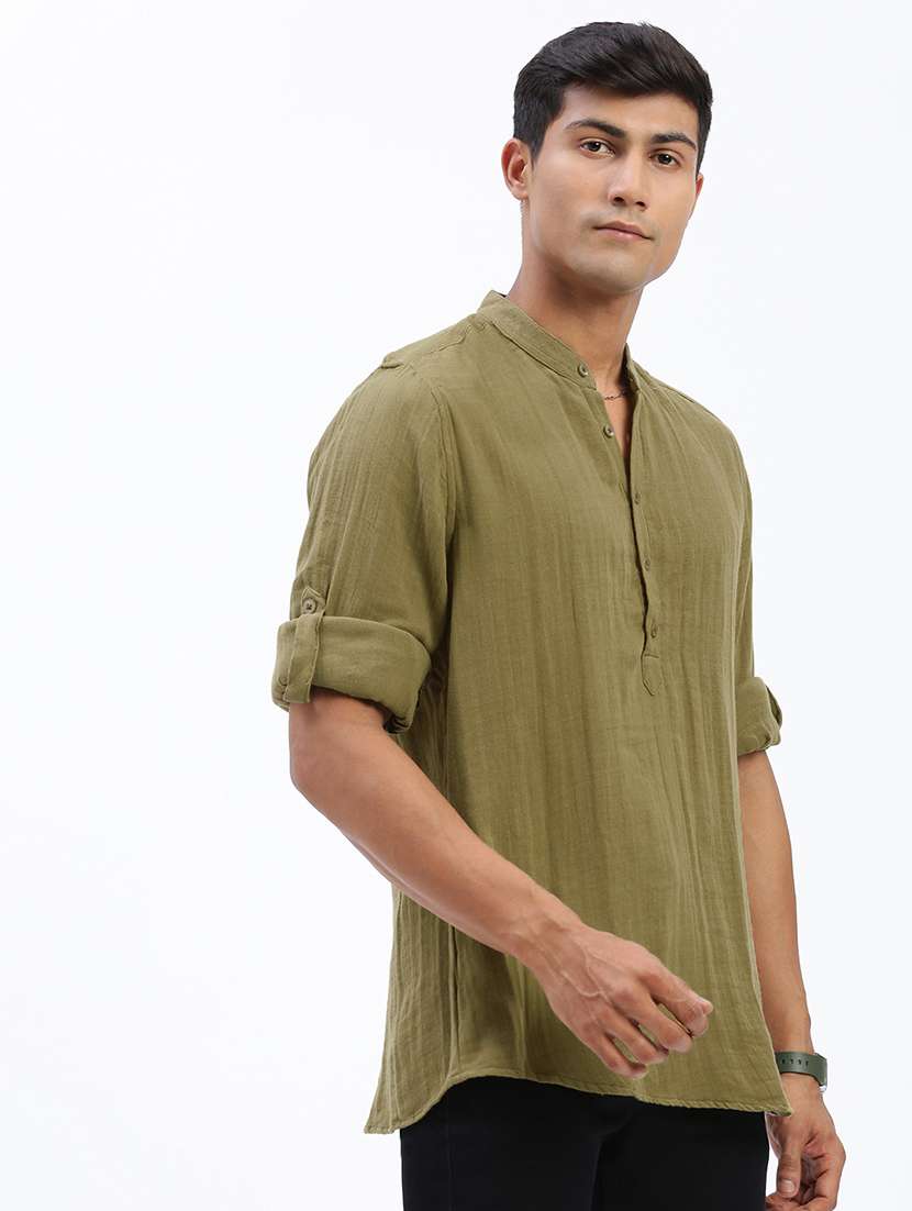 men mandarin neck solid short kurta - 21597440 -  Standard Image - 2