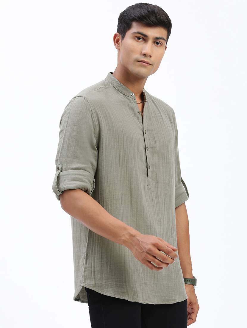 men mandarin neck solid short kurta - 21597441 -  Standard Image - 2