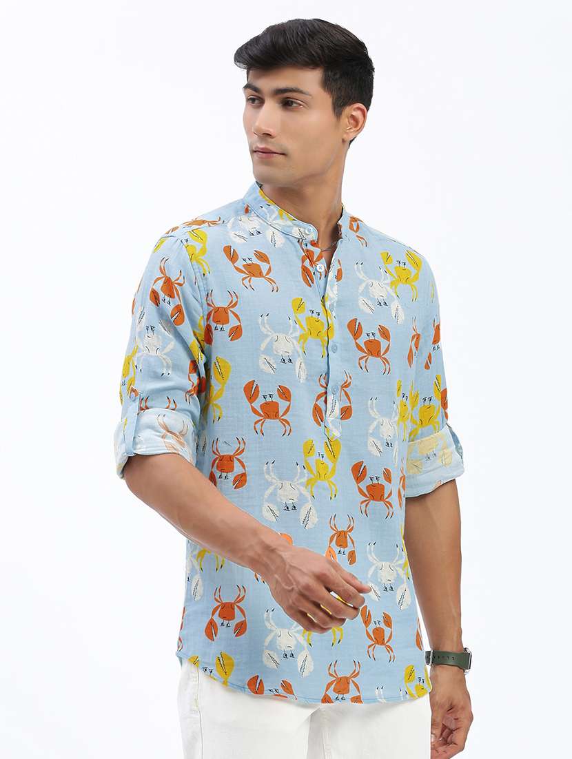 men mandarin neck printed short kurta