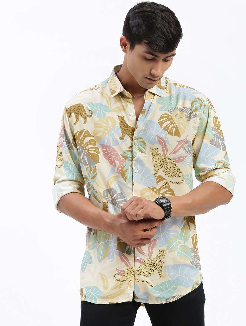 men long sleeves printed casual shirt