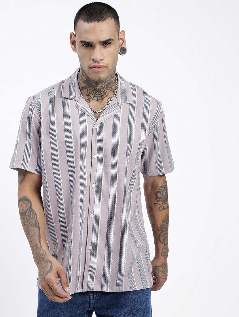 men short sleeves striped casual shirt