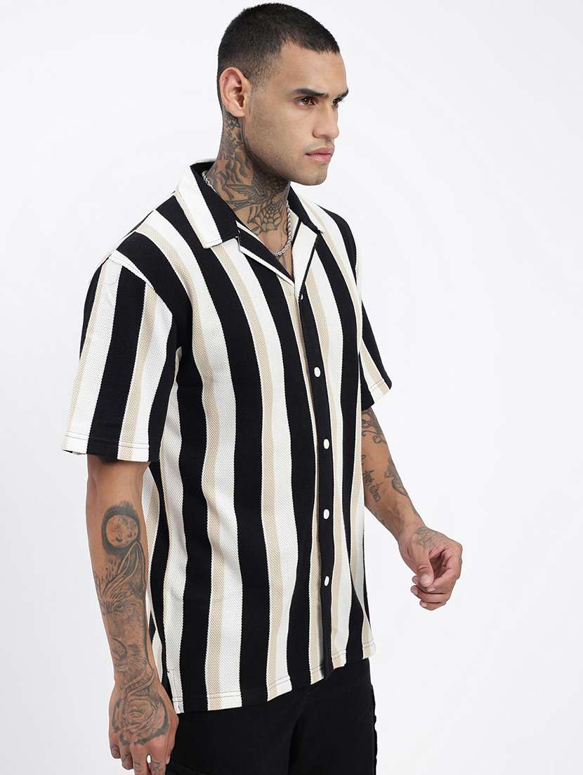 men loose fit striped cuban collar casual shirt - 21597516 -  Standard Image - 2