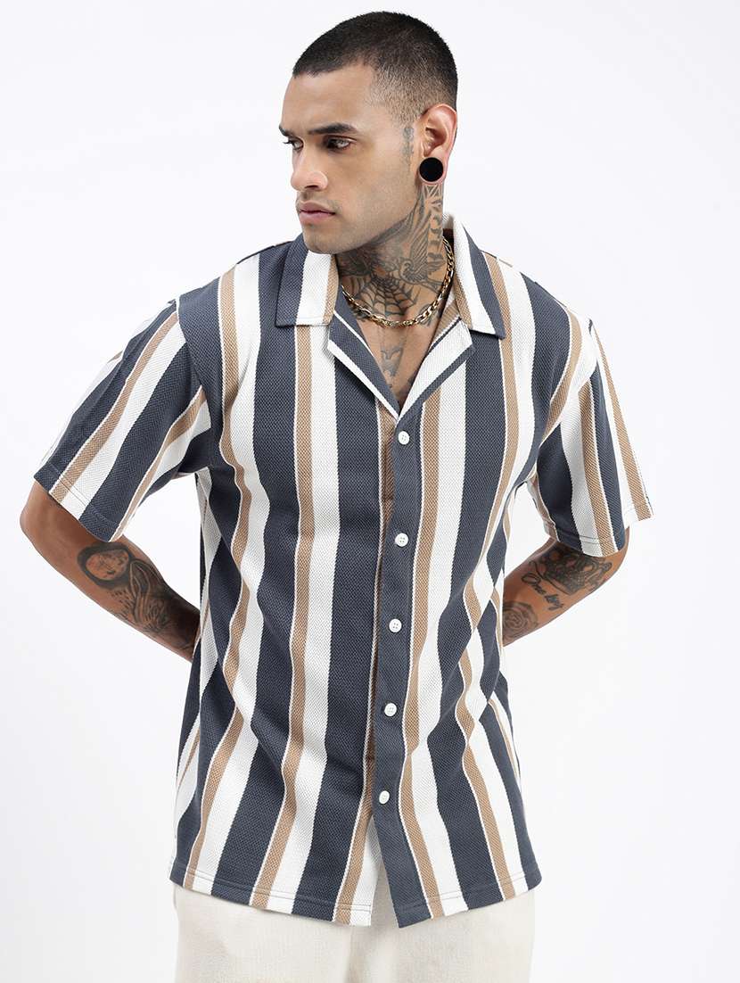 men loose fit striped cuban collar casual shirt