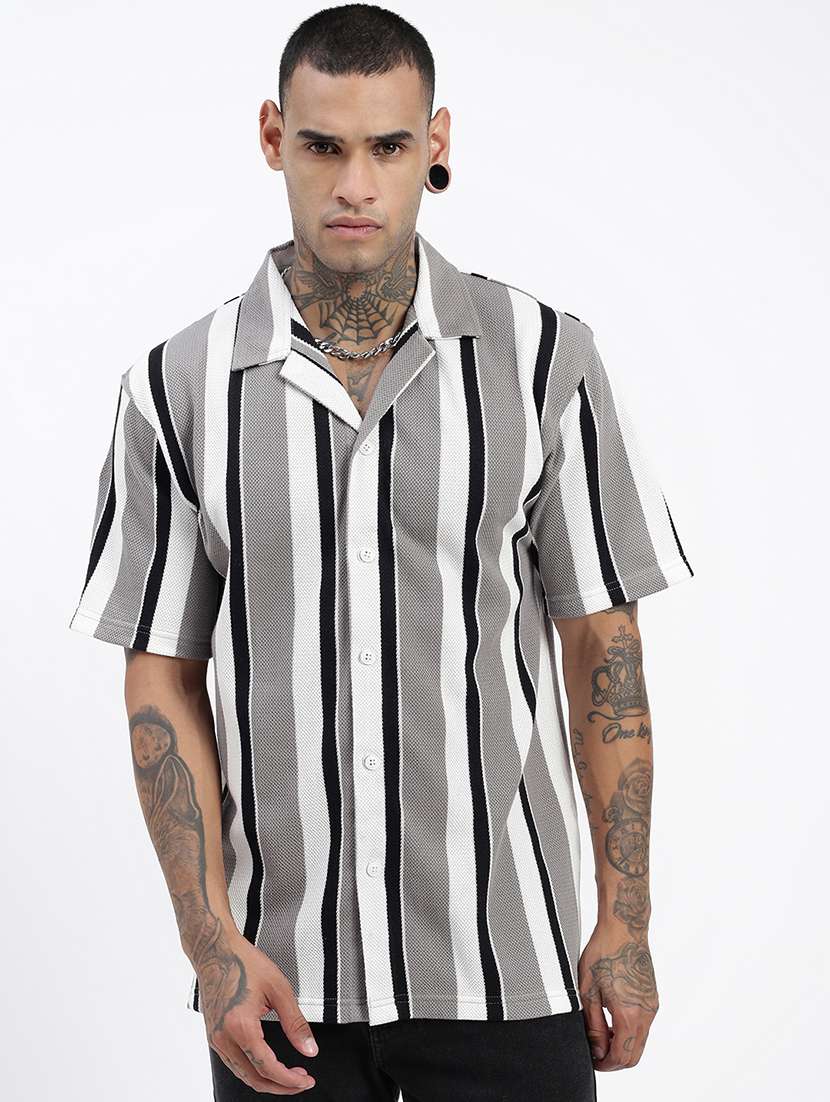 men loose fit striped cuban collar casual shirt