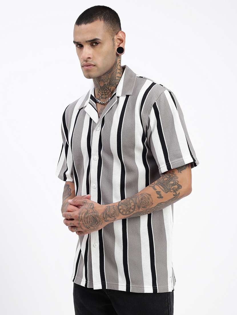 men loose fit striped cuban collar casual shirt - 21597518 -  Standard Image - 2