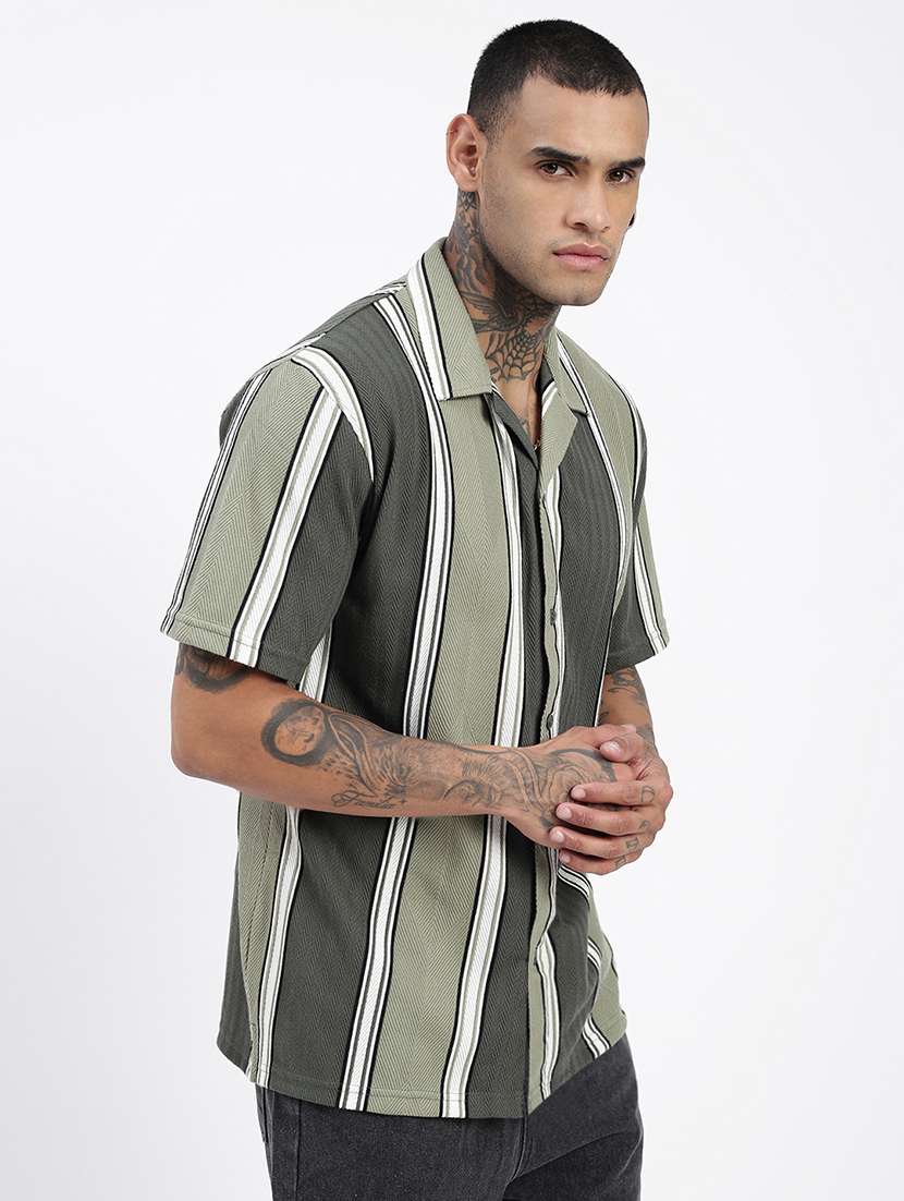 men loose fit striped cuban collar casual shirt - 21597519 -  Standard Image - 2