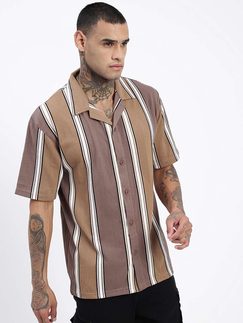 men loose fit striped cuban collar casual shirt - 21597521 -  Standard Image - 2
