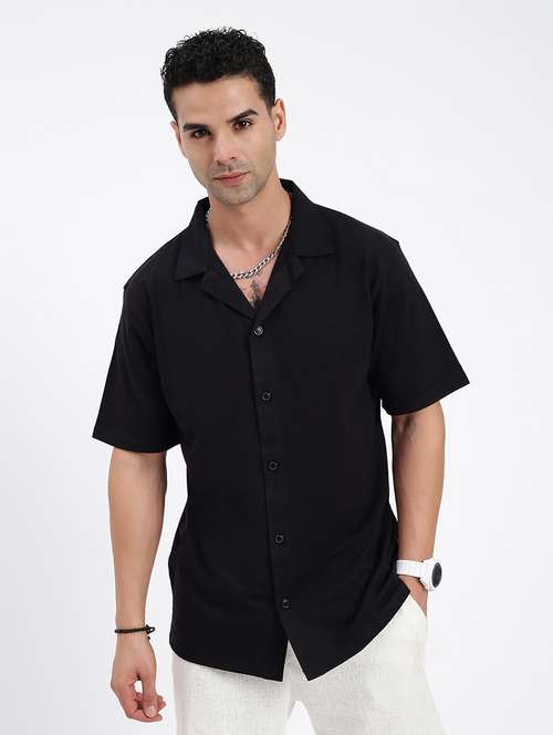 men loose fit solid cuban collar casual shirt - 21597525 -  Standard Image - 0