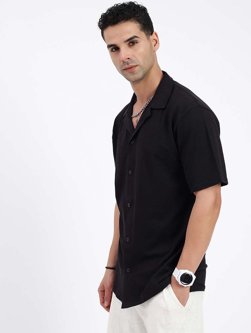men loose fit solid cuban collar casual shirt - 21597525 - Standard Image - 2