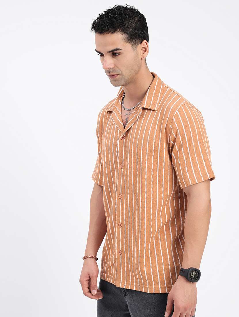 men loose fit striped cuban collar casual shirt - 21597540 -  Standard Image - 2