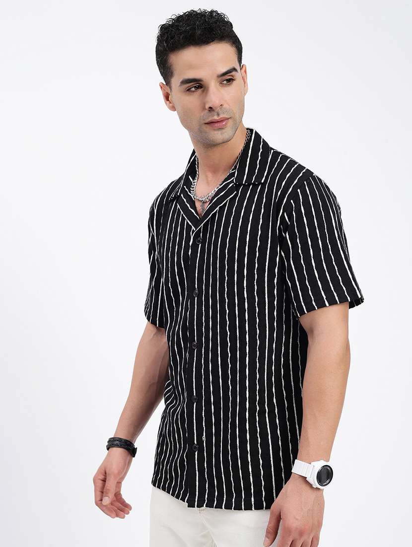 men loose fit striped cuban collar casual shirt - 21597541 -  Standard Image - 2