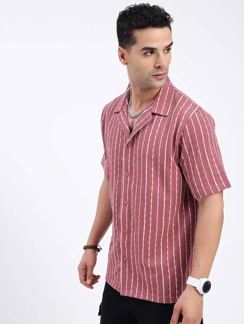 men loose fit striped cuban collar casual shirt - 21597548 -  Standard Image - 2