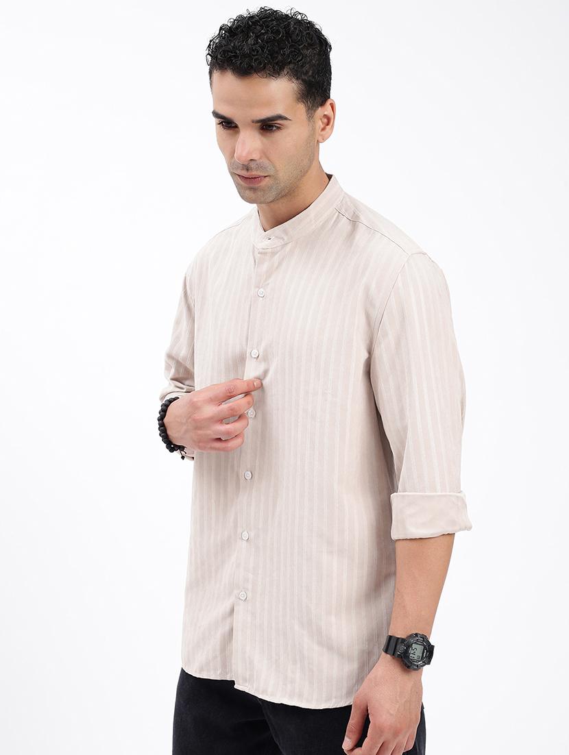 men regular fit striped mandarin neck casual shirt - 21597554 - Standard Image - 2