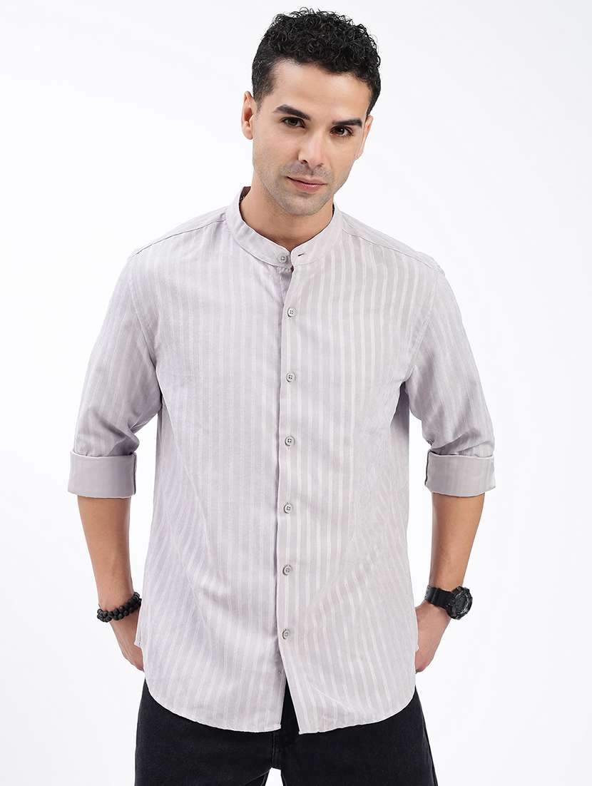 men regular fit striped mandarin neck casual shirt