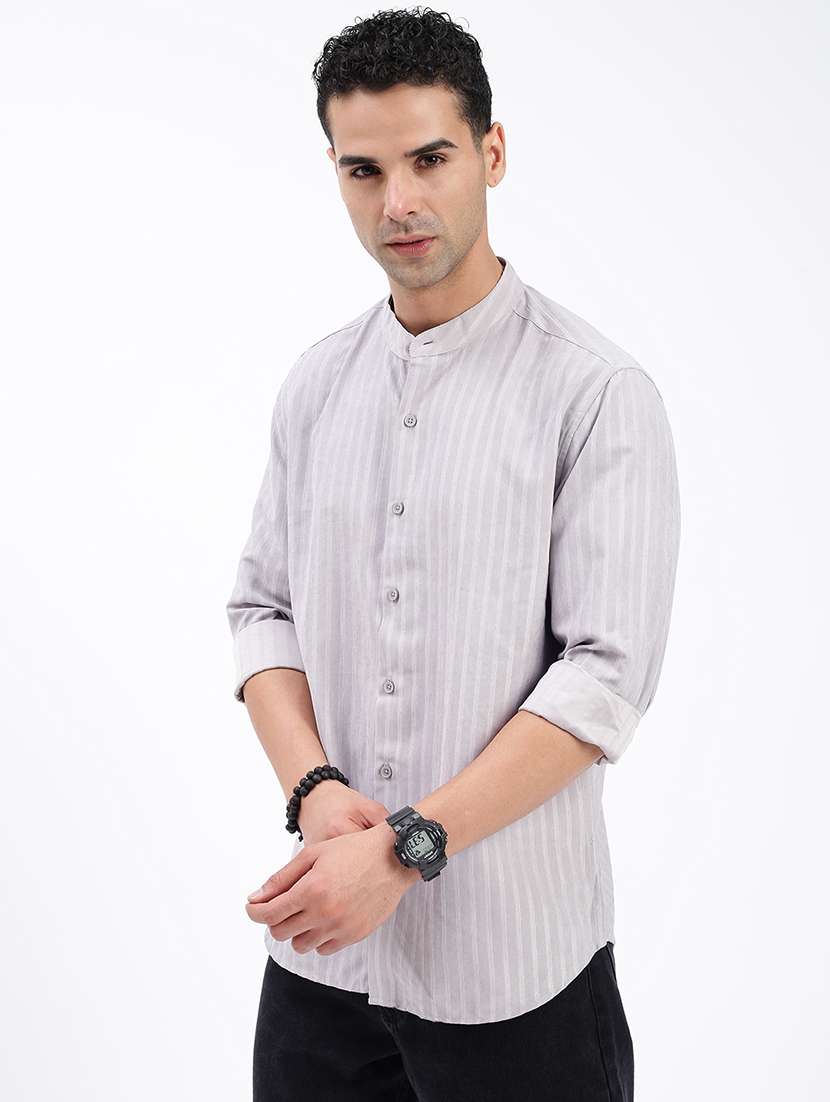 men regular fit striped mandarin neck casual shirt - 21597560 -  Standard Image - 2