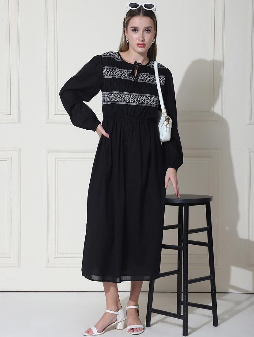 women black embroidered fit & flare dress - 21597884 - Zoom Image - 0