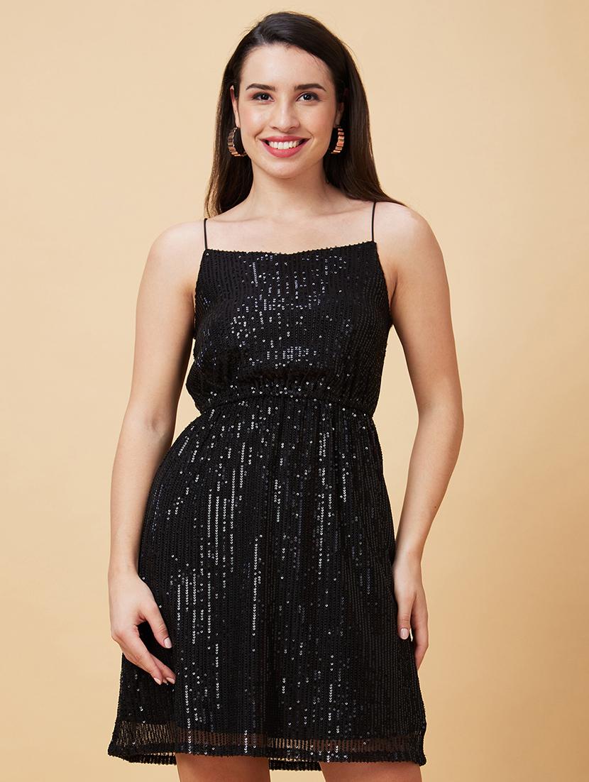 globus women black strappy shoulder fit & flare sequinned mini party dress - 21597984 - Zoom Image - 0