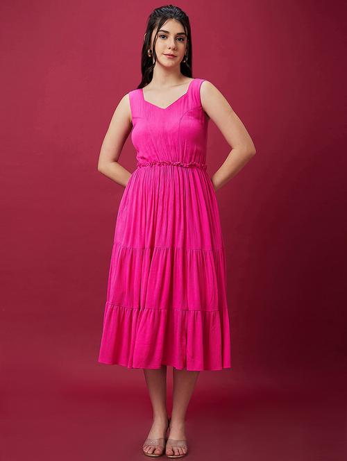 globus women pink v-neck gathered smocked tiered fit & flare midi dress - 21597987 -  Standard Image - 0