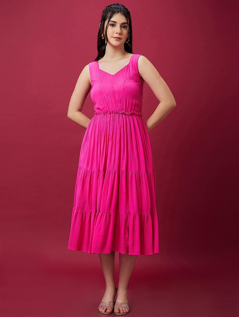 globus women pink v-neck gathered smocked tiered fit & flare midi dress - 21597987 -  Zoom Image - 0