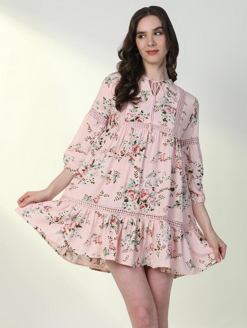 women floral tie-up neck fit & flare dress - 21598024 - Standard Image - 0