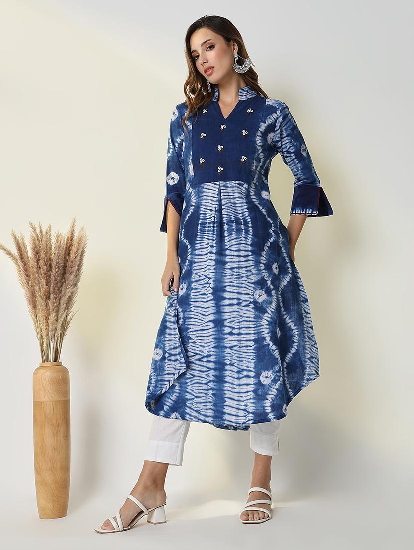 women blue tie & dye a-line kurta - 21598043 - Zoom Image - 0