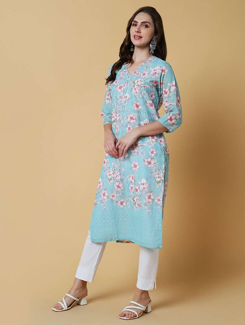 women light blue floral straight kurta - 21598044 -  Standard Image - 2