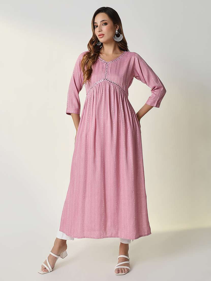 women pink self design anarkali kurta