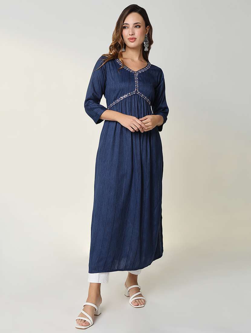 women navy blue self design anarkali kurta