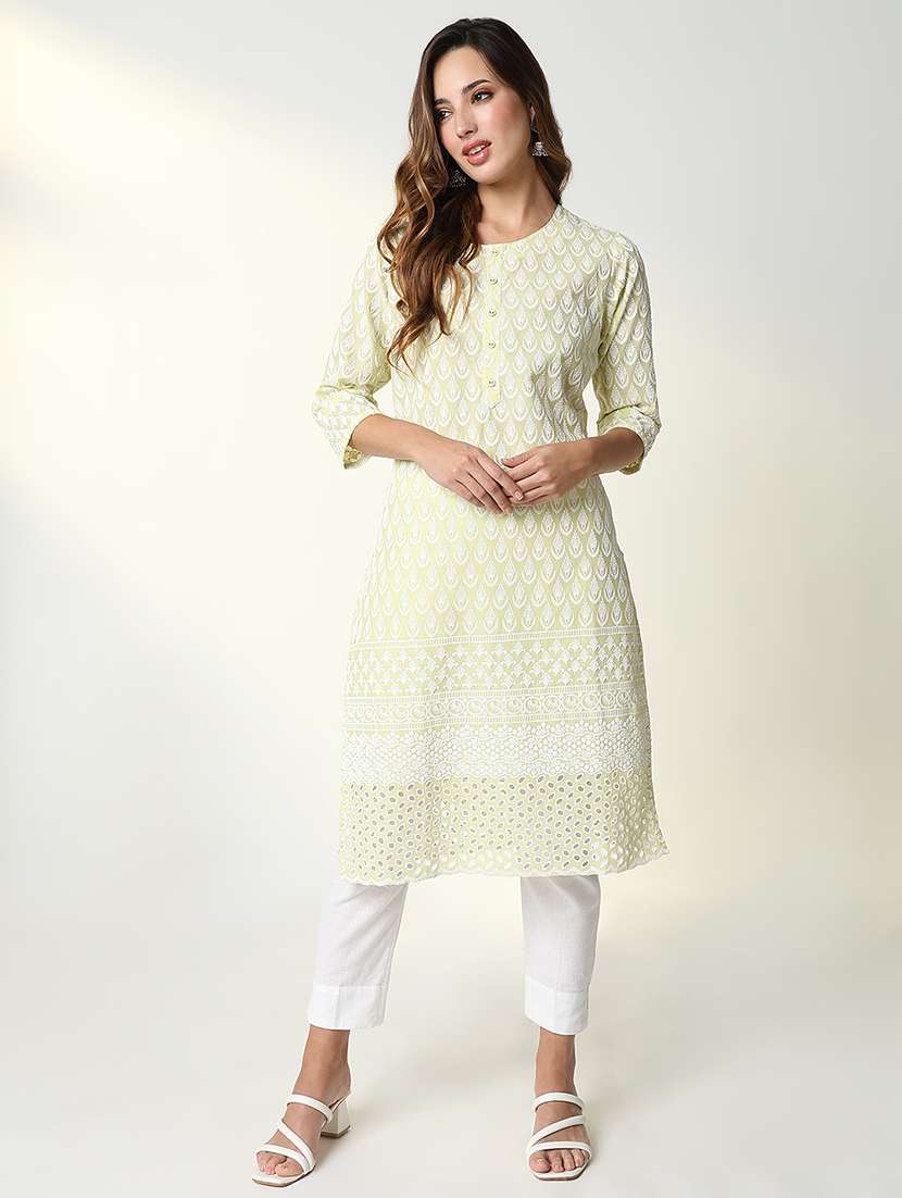 women yellow three quarter sleeve straight kurta