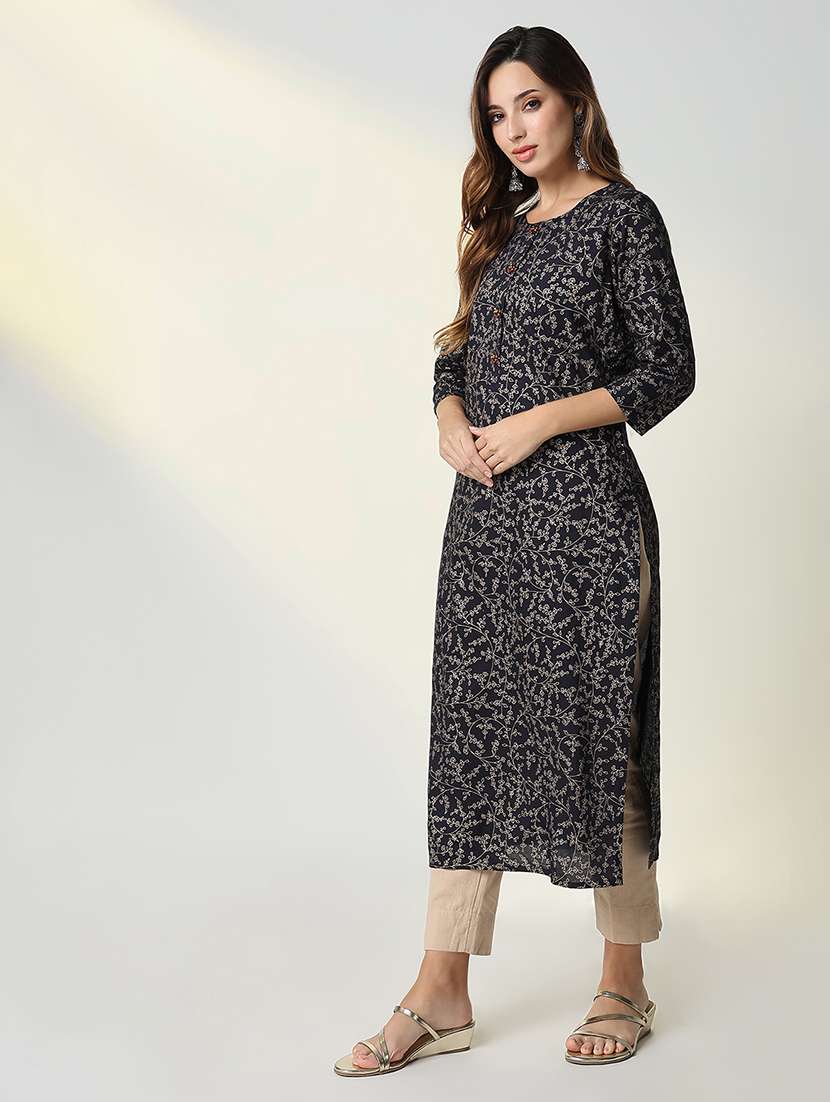 women navy blue printed round neck straight kurta - 21598053 -  Standard Image - 2