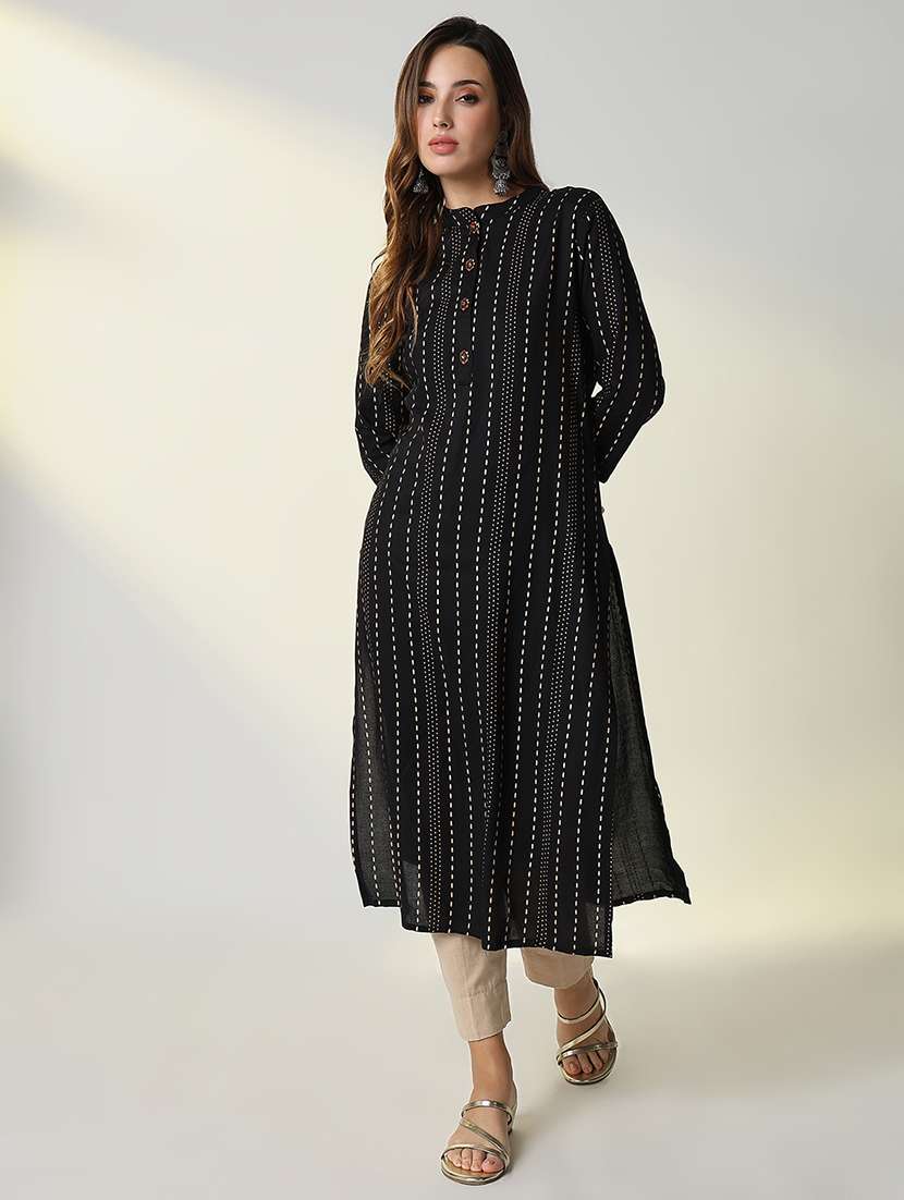 women black printed mandarin collar straight kurta