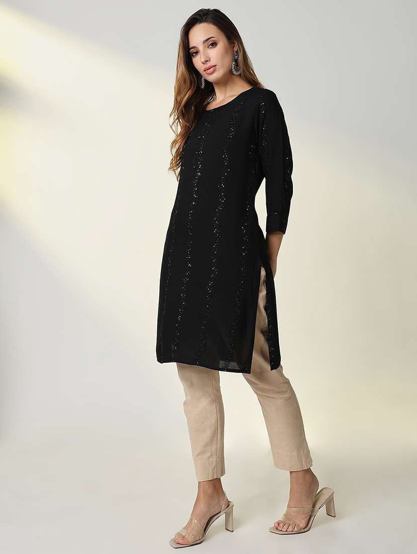 women black solid with work straight kurta - 21598055 -  Standard Image - 2