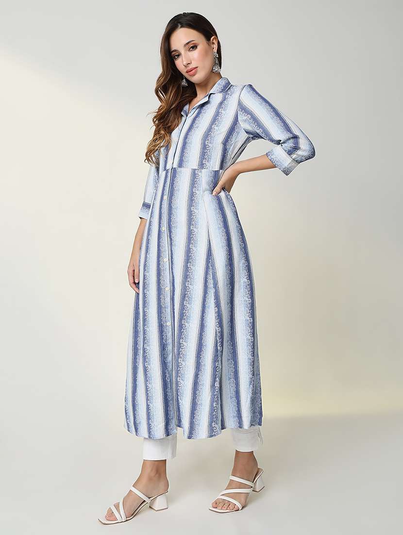 women striped three quarter sleeve a-line kurta - 21598056 -  Standard Image - 2