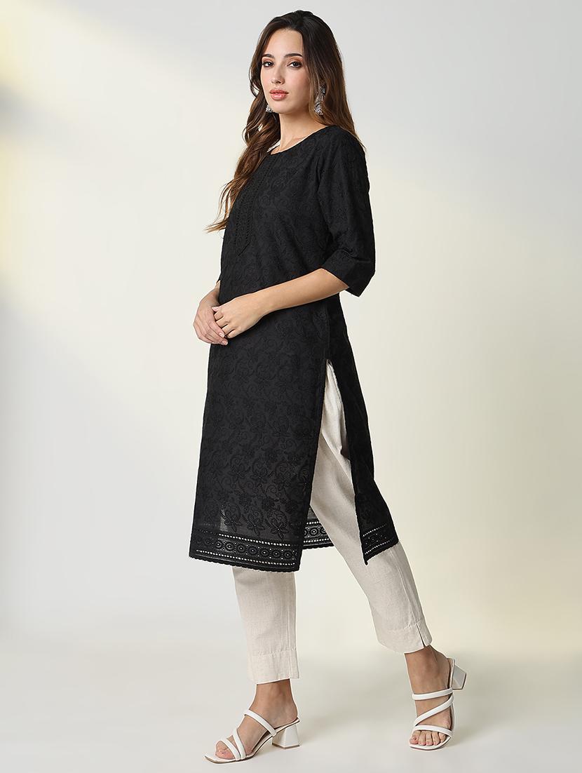 women black solid with work straight kurta - 21598058 - Standard Image - 2