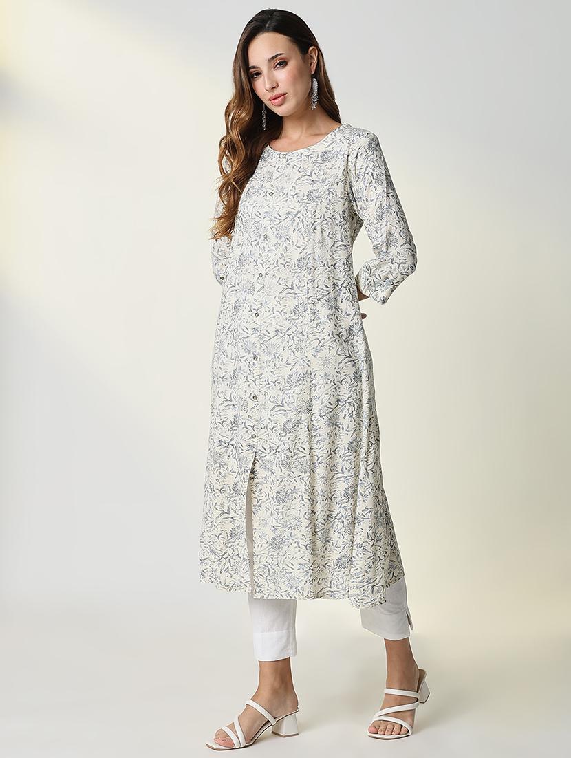 women cream floral printed three quarter sleeve a-line kurta - 21598059 - Standard Image - 2