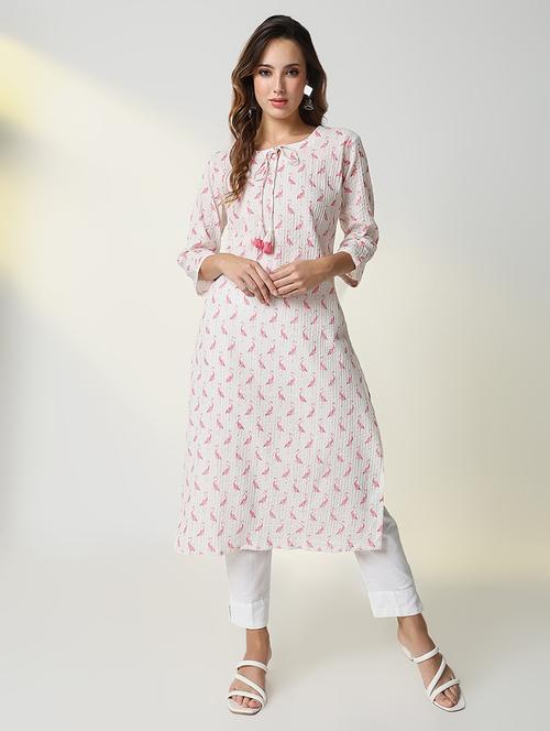 women white printed tie up neck straight kurta - 21598061 - Standard Image - 0