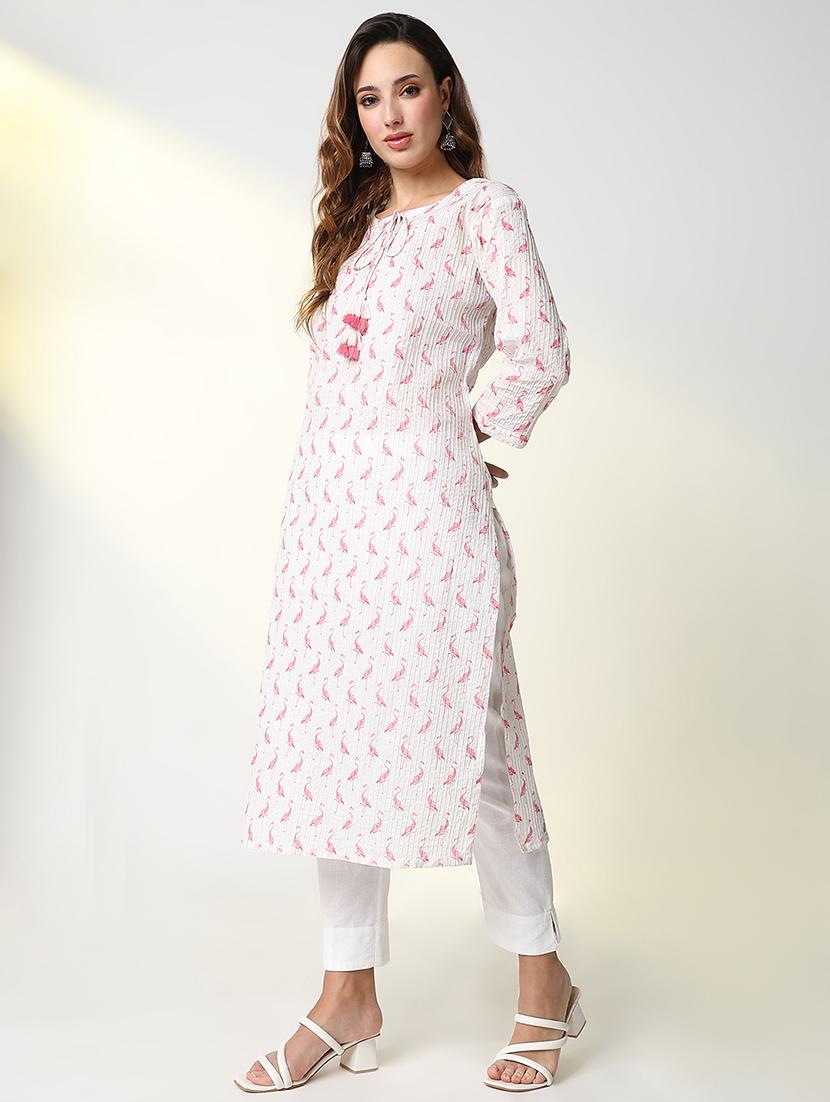 women white printed tie up neck straight kurta - 21598061 - Standard Image - 2