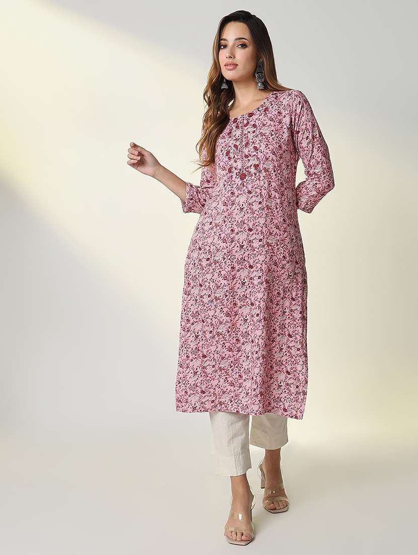 women pink floral printed straight kurta
