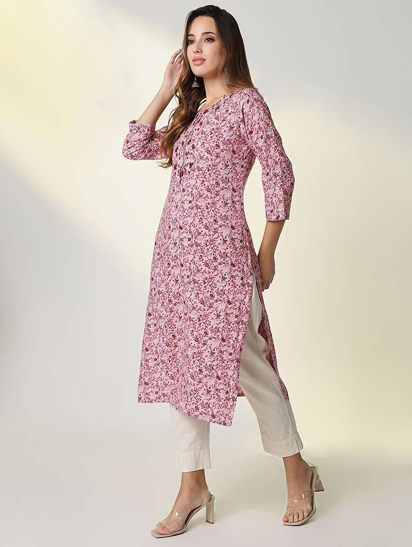 women pink floral printed straight kurta - 21598064 -  Standard Image - 2