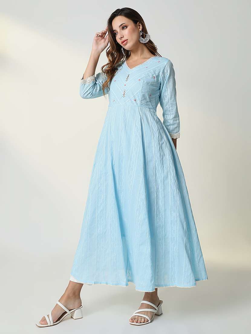women light blue striped v neck anarkali kurta - 21598067 - Standard Image - 2