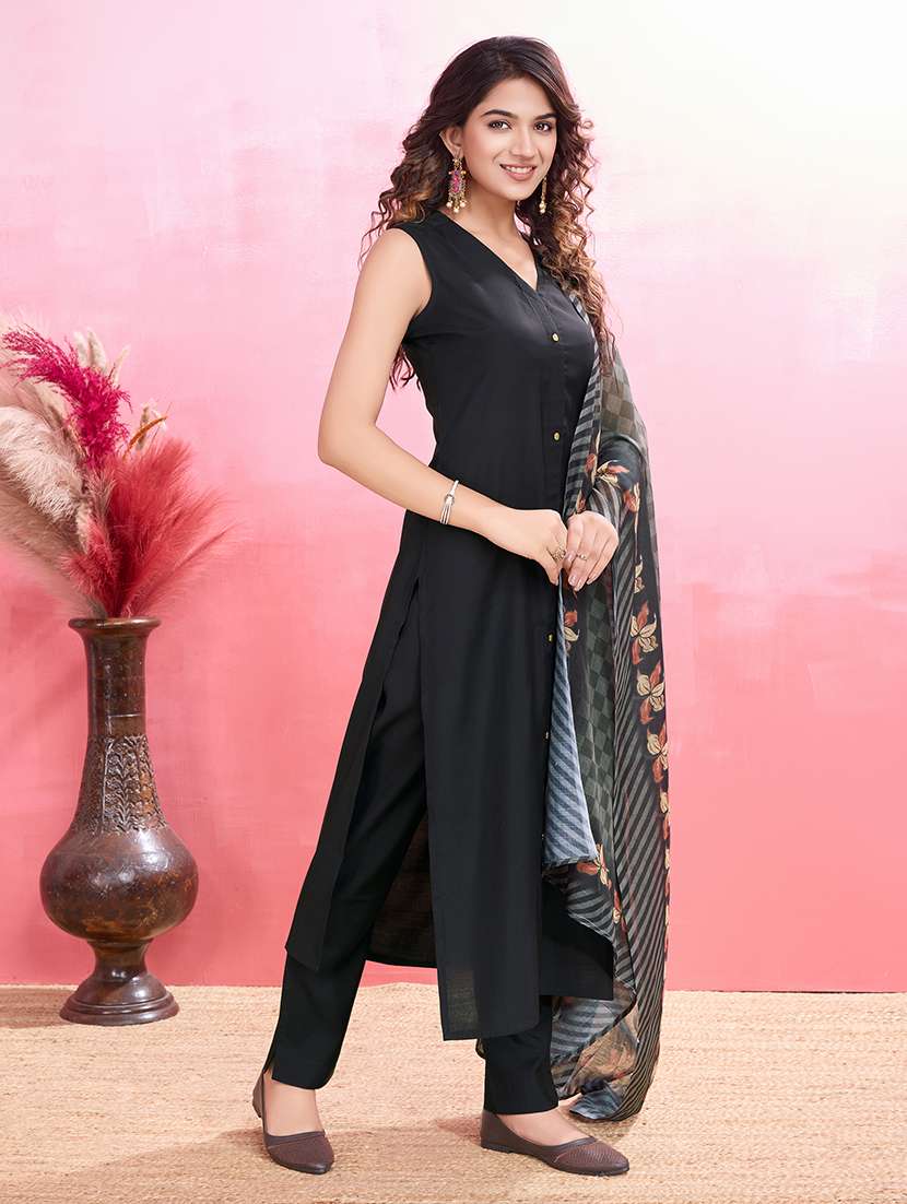 women solid sleeveless kurta pant with dupatta set - 21598073 -  Standard Image - 2