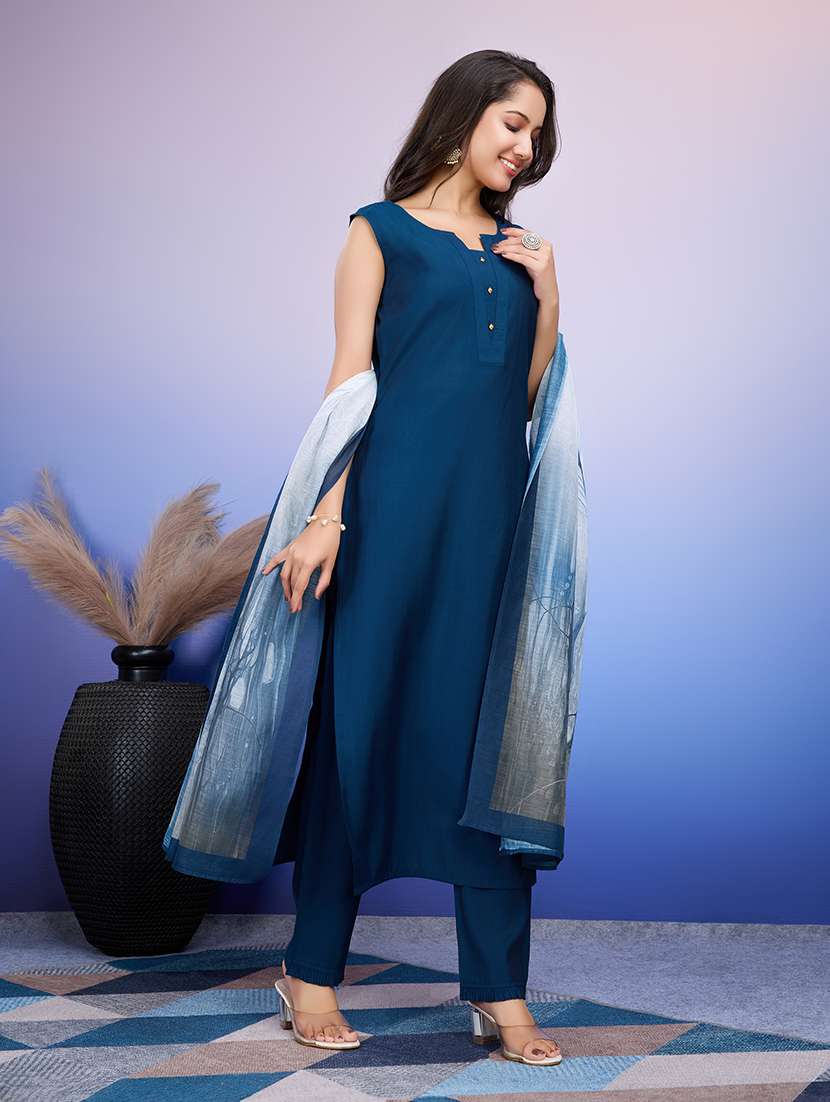 women solid sleeveless kurta pant with dupatta set - 21598095 -  Standard Image - 2