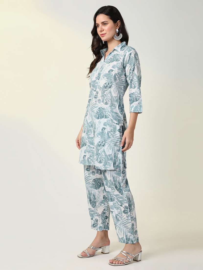 women printed shirt collar neck kurta pant set - 21598110 -  Standard Image - 2