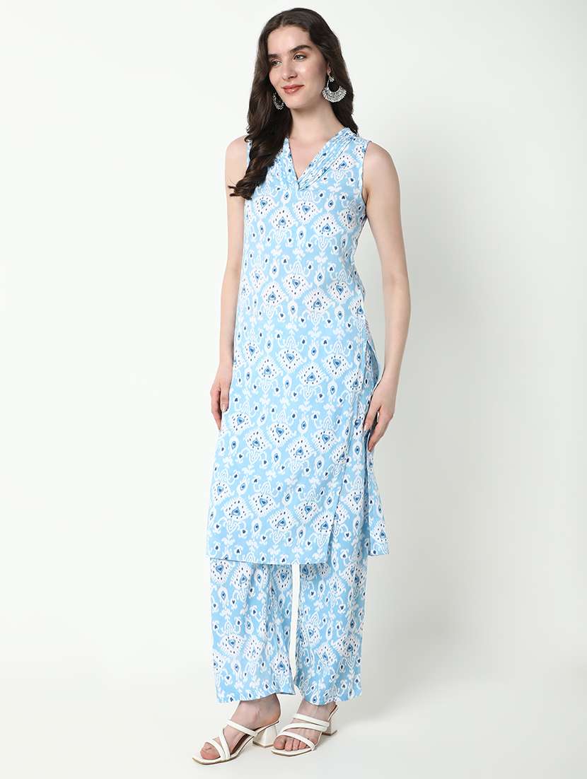 women light blue printed kurta palazzo set - 21598111 -  Standard Image - 2
