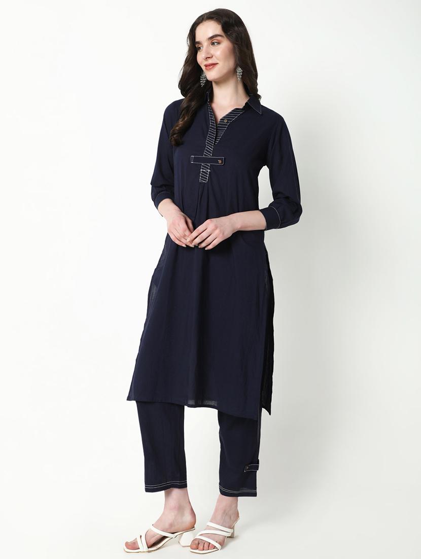 women navy blue solid kurta pant set - 21598117 - Standard Image - 2