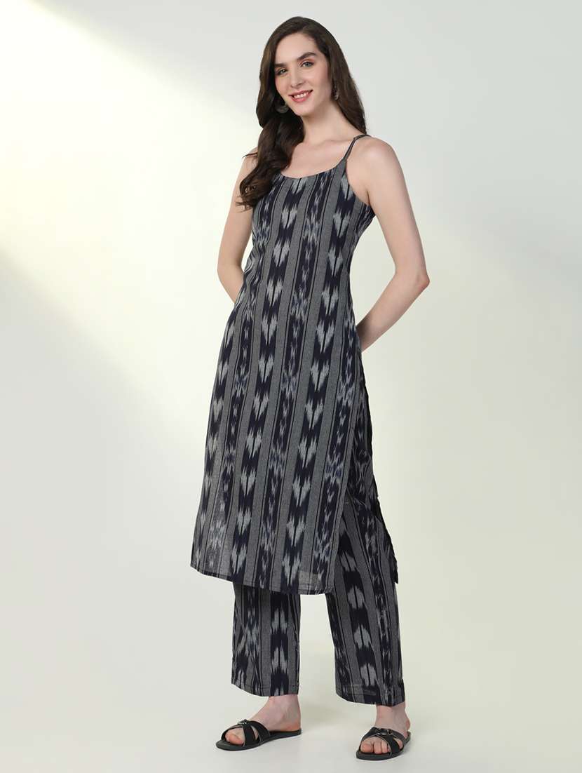 women navy blue ikat kurta pant set - 21598124 -  Standard Image - 2