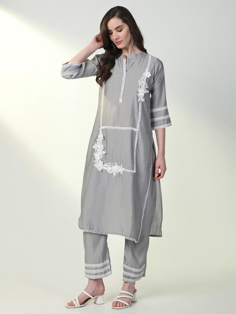 women grey lace work kurta pant set with dupatta - 21598125 - Standard Image - 2