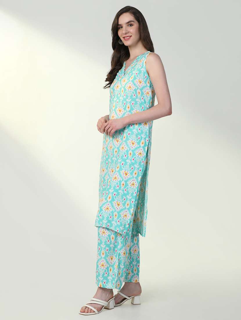 women sea green printed kurta pant set - 21598131 -  Standard Image - 2